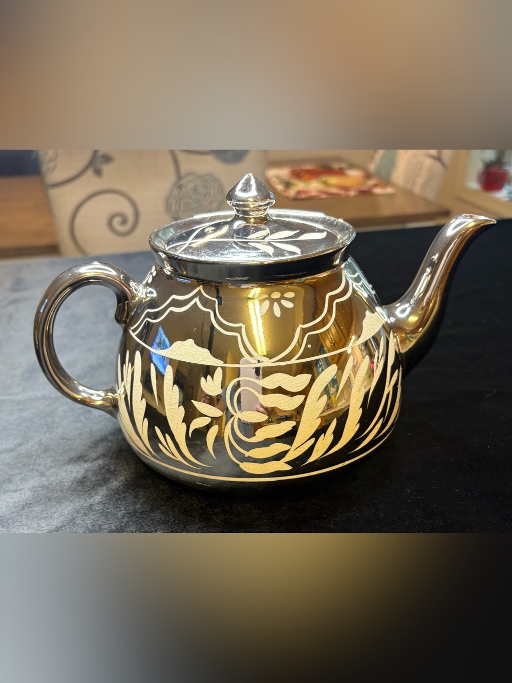 Gibson Mirrored Silver-Tone Decorative Teapot with Etched Floral Motif